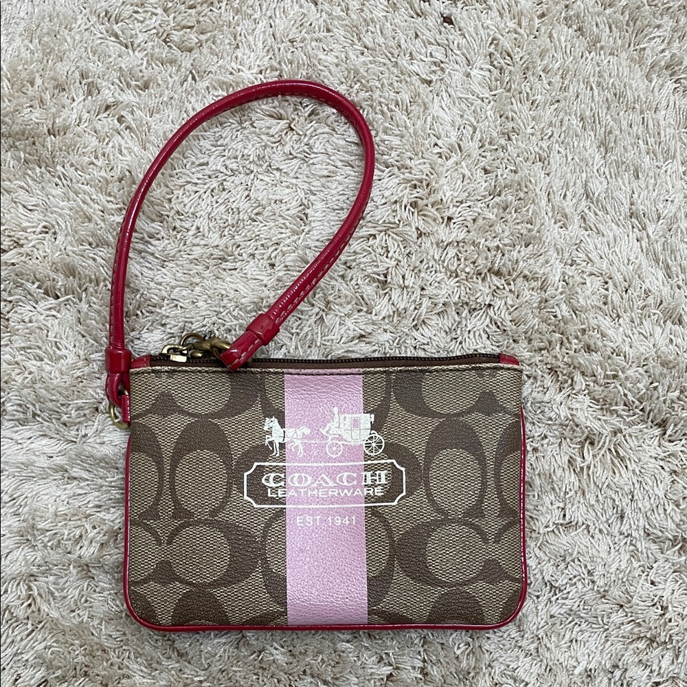 Coach Signature Brown Wristlet with Pink Stripe